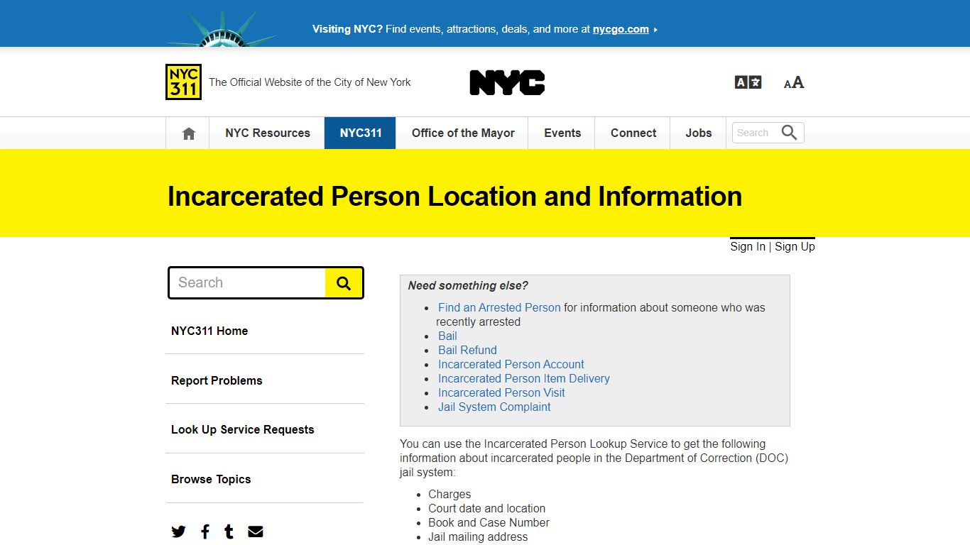 Incarcerated Person Location and Information · NYC311